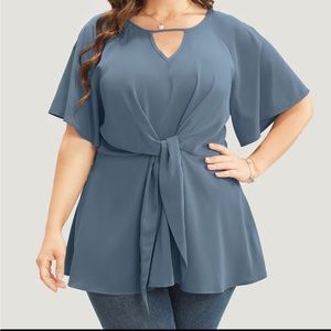 Plain Keyhole Knotted Front Ruffle Sleeve Blouse
